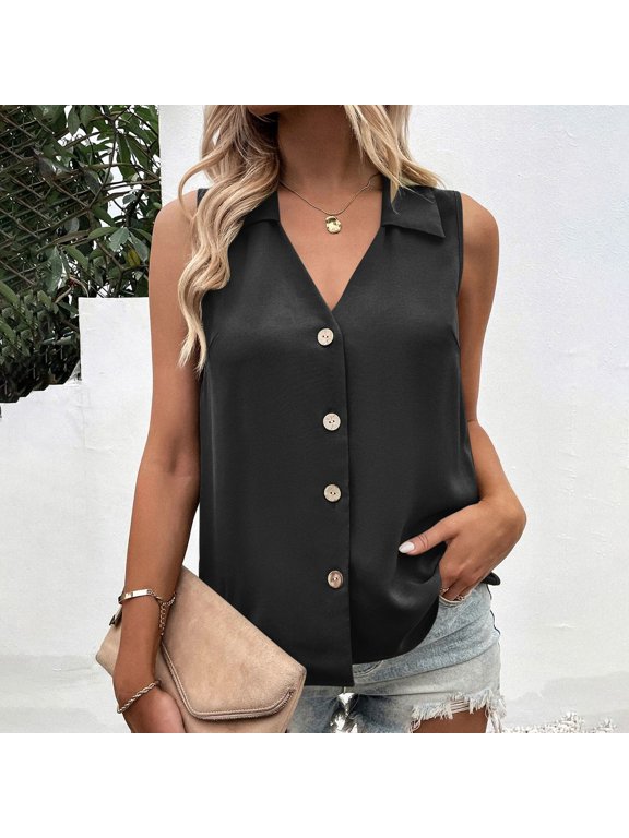 Women's Sleeveless Shirts Collared Neck V Neck Button Down Blouses Office Smart Casual Style Lightweight Breathable Relaxed Fit Tops Gift