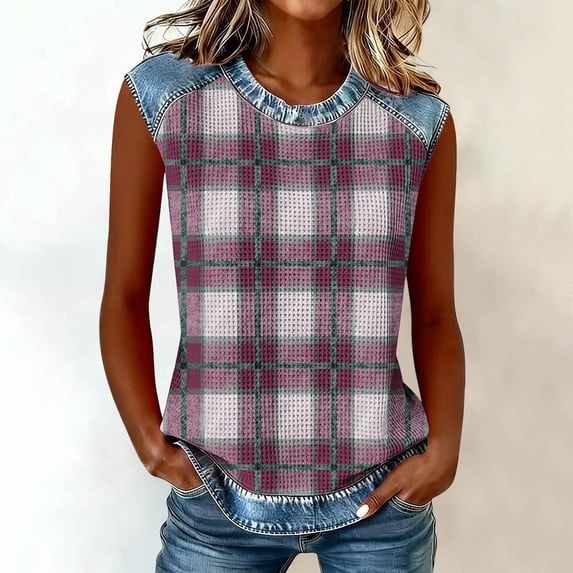 Uootdi Women's Sleeveless Tops Crew Neck Denim Panel Plaid Print Tops Casual Soft Waffle Knit Blouses Gift
