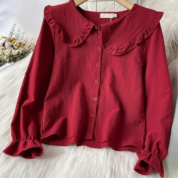 Uootdi Women's Solid Color Collar Button - Front Long - Sleeve Blouse, Ruffled Collar and Cuff Detail,Sweet & Adorable Style, Ideal for Daily Leisure or Skirt Combinations