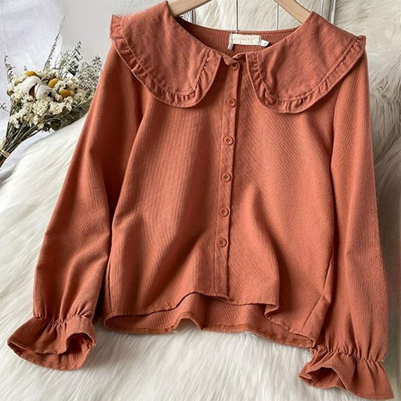 Uootdi Women's Solid Color Collar Button - Front Long - Sleeve Blouse, Ruffled Collar and Cuff Detail,Sweet & Adorable Style, Ideal for Daily Leisure or Skirt Combinations