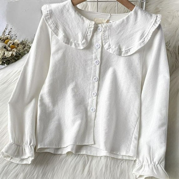 Uootdi Women's Solid Color Collar Button - Front Long - Sleeve Blouse, Ruffled Collar and Cuff Detail,Sweet & Adorable Style, Ideal for Daily Leisure or Skirt Combinations