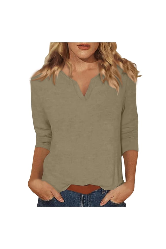 Women's Solid Color V Neck Half Sleeve Loose Fit Casual Summer Shirt Lightweight Breathable Daily Wear Basic Style Multicolor selection Khaki Womens Tops