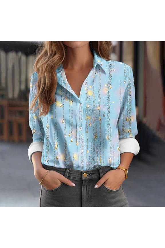 Women's Sparkle Chain Print Button Down Shirt Collared Long Sleeve Glitter Blouse Party Casual Top for Holiday Light Blue Women Top
