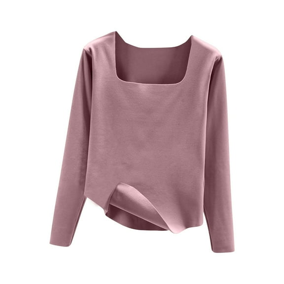 Uootdi Women's Square Neck Long Sleeve T Shirts Keep Warm Solid Color Blouses Gift Slim Tight Fit Tops Going Out Basic Tee