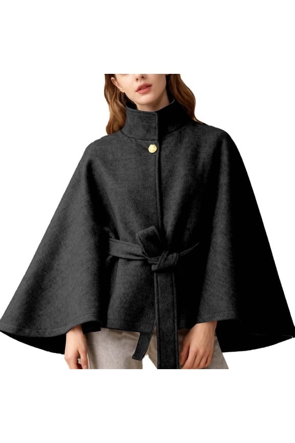 Women's Stand Collar Flared Bell Sleeve Cape Coat for Women Elegant Waist Cloak Warm Winter Oversized Shawl with Belt