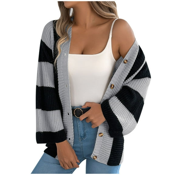 Uootdi Women's Striped Knit Cardigan Button Front Open Stitch Sweater Long Sleeve Loose Fit Casual Fall Fashion Trendy Outerwear Cozy Knitwear Gray Women Top