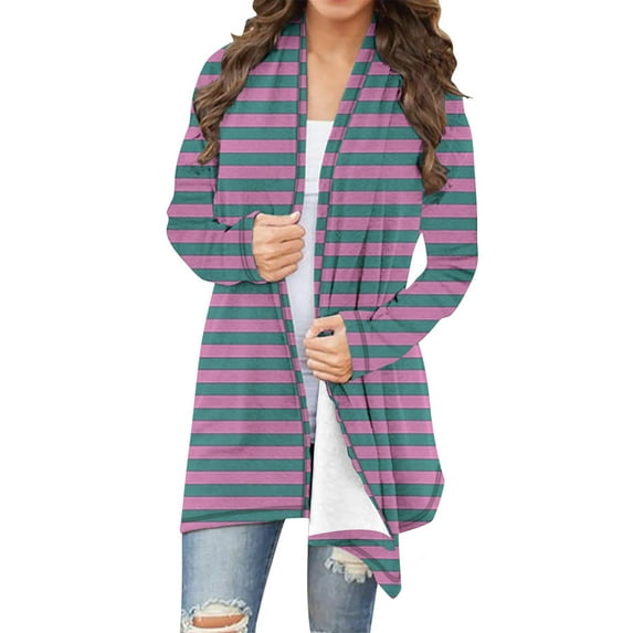 Uootdi Women's Striped Open Front Cardigan Long Sleeve Loose Fit Casual Lightweight Fall Winter Outerwear Green Women Top