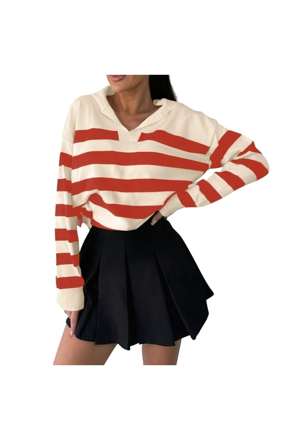 Women's Striped Sweater Long Sleeve V Neck Casual Loose Fit Knit Top Trendy Fall Fashion Versatile Basic Pullover Essential Wardrobe Staple Orange Women Tops