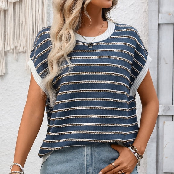 Uootdi Women's Striped Tee Crewneck Cable Knit Short Sleeve Sweater Casual Loose Fit Lightweight Blouses Dressy Casual Pullover Sweaters Top Gift