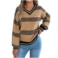 thumbnail image 1 of Uootdi Women's Striped V Neck Sweater Long Sleeve Knit Pullover Casual Loose Fit Houndstooth Pattern Fall Winter Fashion Trendy Top Khaki Women Top, 1 of 5