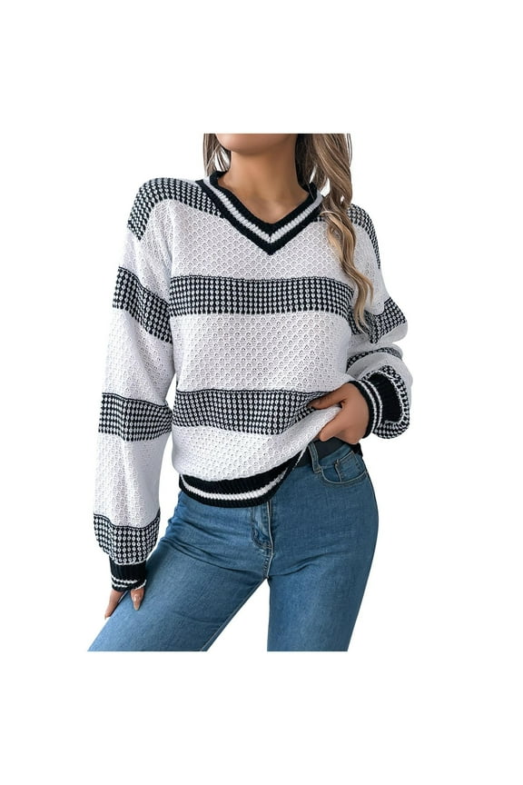 Women's Striped V Neck Sweater Long Sleeve Knit Pullover Casual Loose Fit Houndstooth Pattern Fall Winter Fashion Trendy Top White Women Top