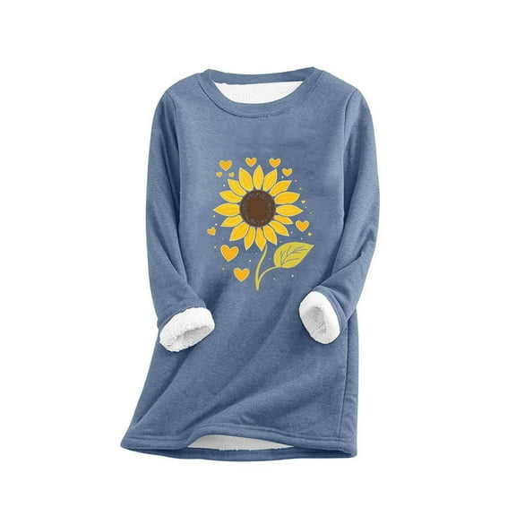 Uootdi Women's Sunflower Print Sherpa Lined Sweatshirt Dress Warm Pullover Casual Fall Winter Top Blue Women Tops