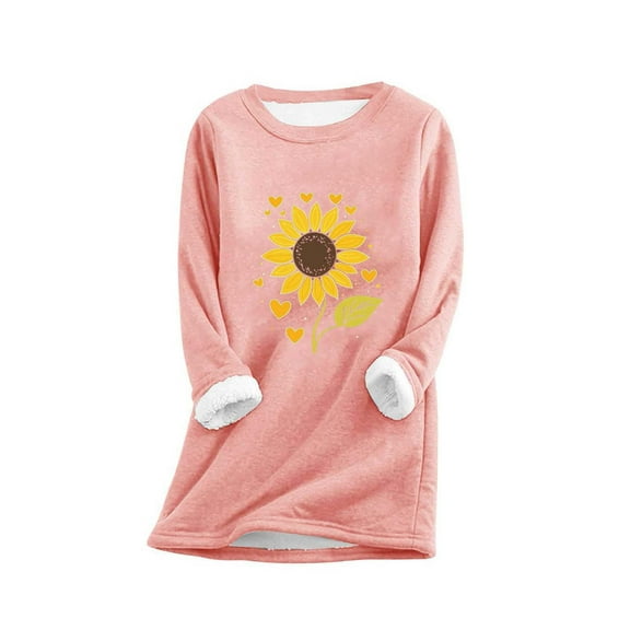 Uootdi Women's Sunflower Print Sherpa Lined Sweatshirt Dress Warm Pullover Casual Fall Winter Top Pink Women Tops