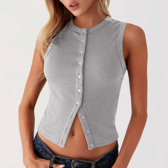 Uootdi Women's Tank Tops Crew Neck Sleeveless Ribbed Knit Button Down Tops Casual Slim Fit Cami Tops Gift