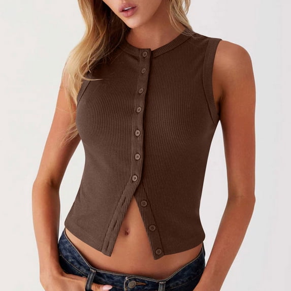 Uootdi Women's Tank Tops Crew Neck Sleeveless Ribbed Knit Button Down Tops Casual Slim Fit Cami Tops Gift