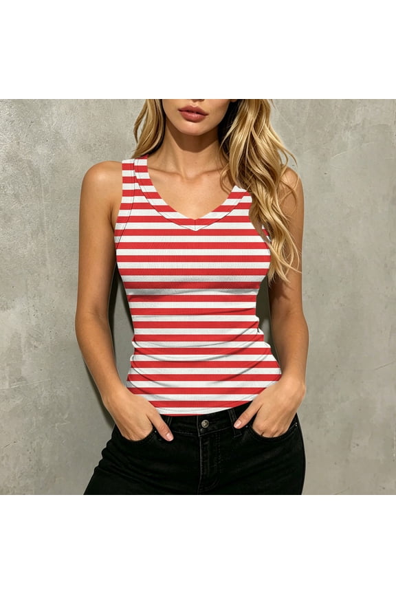 Women's Tank Tops Sleeveless V Neck Striped Print Blouses Nautical Style Ribbed Knit Fabric Slim Fit Tops Gift