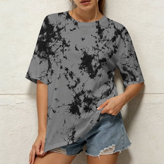 Uootdi Women's Tees Round Neck Short Sleeve Tie Dye Print Solid Casual Tops Daily Wear Style Soft Stretchy Loose Fit Shirts Gift