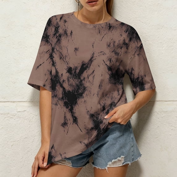 Uootdi Women's Tees Round Neck Short Sleeve Tie Dye Print Solid Casual Tops Daily Wear Style Soft Stretchy Loose Fit Shirts Gift