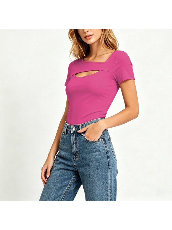 Women's Tees Square Neck Short Sleeve Chest Cutout Detail Tops Casual Street Style Soft Stretchy Slim Fit Tees Gift