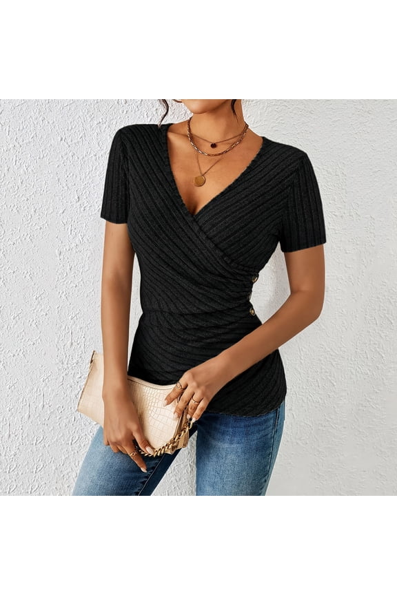 Women's Tees V Neck Short Sleeve Wrap Ruched Button Decor Tops Casual Slim Fit Stylish T Shirts Gift