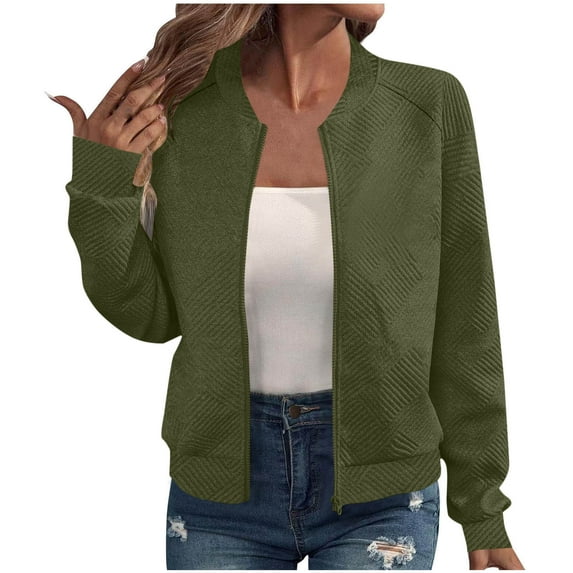 Uootdi Women's Textured Bomber Jacket Casual Zip-Up Long Sleeve Lightweight Soft Coat Multiple Colors for Spring Fall Khaki Women Top