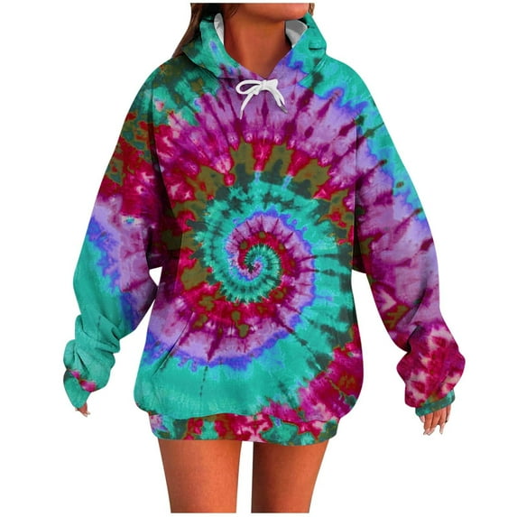 Uootdi Women's Tie Dye Hoodie Dress Spiral Print Oversized Long Sleeve Pullover with Kangaroo Pocket Casual Fall Festival Streetwear Trendy Loose Fit Top Light Blue Women Tops