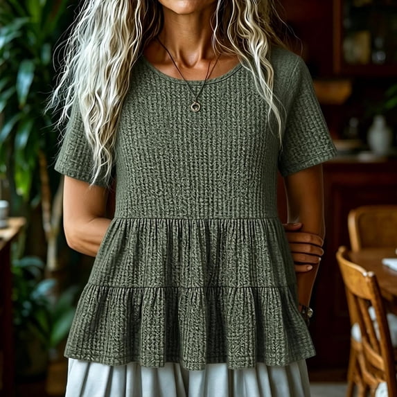 Uootdi Women's Tiered Ruffle Tops Short Sleeve Round Neck Blouses Casual Daily Style Soft Breathable Loose Fit Tees Gift