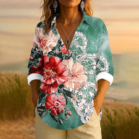 Uootdi Women's Tops Boho Graphic Long Sleeve Shirts Casual V Neck Lapel Button Vintage Gift Floral Printed Henley Blouses Fashio n