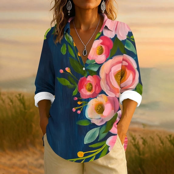 Uootdi Women's Tops Boho Graphic Long Sleeve Shirts Casual V Neck Lapel Button Vintage Gift Floral Printed Henley Blouses Fashio n