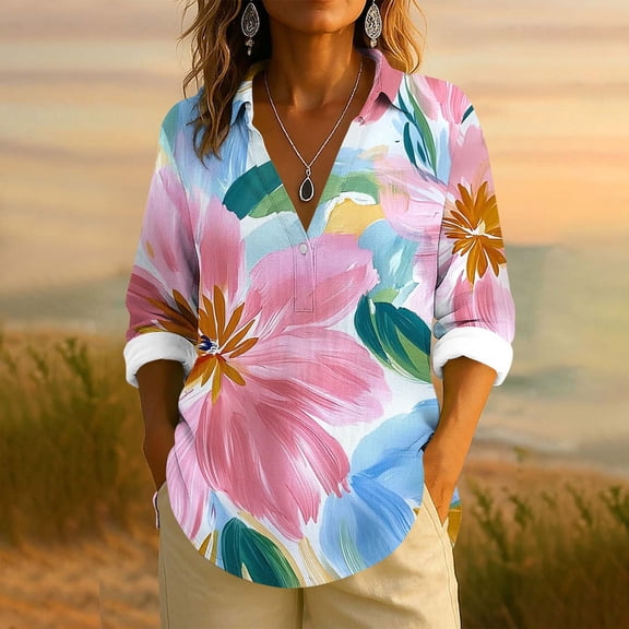 Uootdi Women's Tops Boho Graphic Long Sleeve Shirts Casual V Neck Lapel Button Vintage Gift Floral Printed Henley Blouses Fashio n
