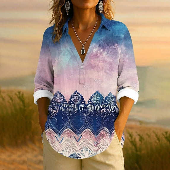 Uootdi Women's Tops Boho Graphic Long Sleeve Shirts Casual V Neck Lapel Button Vintage Gift Floral Printed Henley Blouses Fashio n