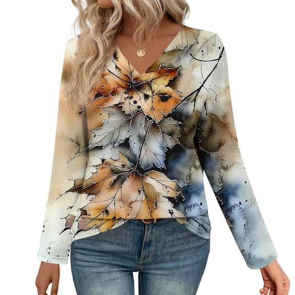 Uootdi Women's Tops Floral Print Long Sleeve Shirts for Women Gift V Neck Blouses with Decor Button Casual Loose Fit Trendy