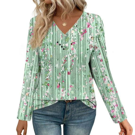 Uootdi Women's Tops Floral Print Long Sleeve Shirts for Women Gift V Neck Blouses with Decor Button Casual Loose Fit Trendy