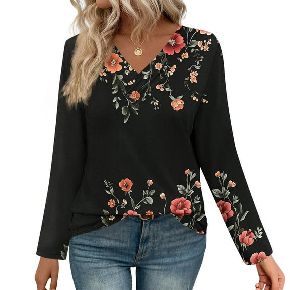 Uootdi Women's Tops Floral Print Long Sleeve Shirts for Women Gift V Neck Blouses with Decor Button Casual Loose Fit Trendy