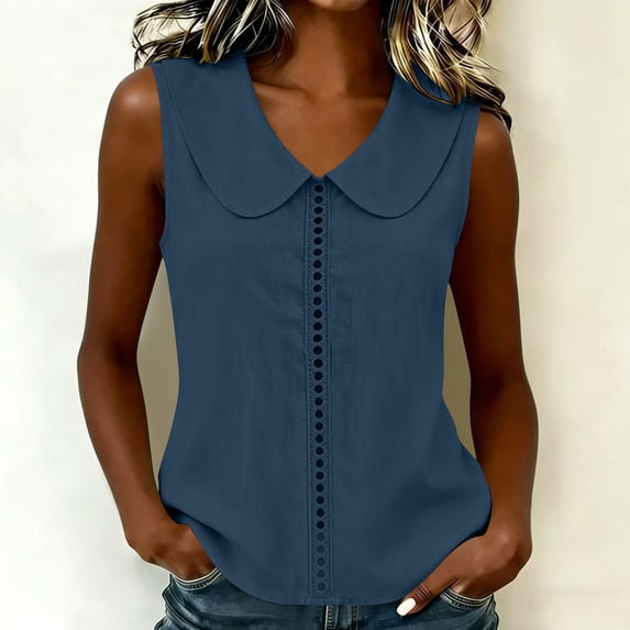 Uootdi Women's Tops Peter Pan Collar Sleeveless Hollow Out Trim Linen Blend Blouses Casual Daily Style Lightweight Breathable Relaxed Fit Tops Gift