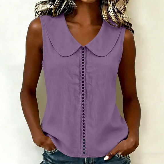 Uootdi Women's Tops Peter Pan Collar Sleeveless Hollow Out Trim Linen Blend Blouses Casual Daily Style Lightweight Breathable Relaxed Fit Tops Gift