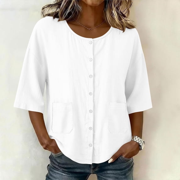 Uootdi Women's Tops Round Neck 3/4 Sleeve Button Front Cotton Blouses Casual Daily Style Lightweight Breathable Loose Fit Tops Gift