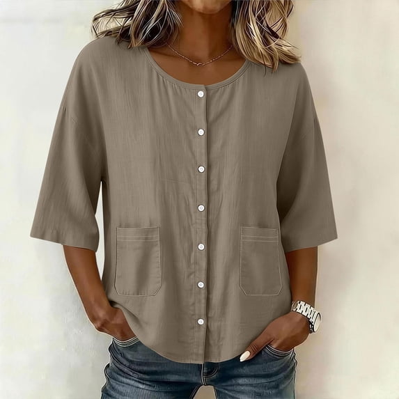 Uootdi Women's Tops Round Neck 3/4 Sleeve Button Front Cotton Blouses Casual Daily Style Lightweight Breathable Loose Fit Tops Gift
