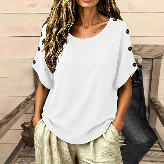 Uootdi Women's Tops Short Sleeve Crew Neck Side Button Blouses Bohemian Casual Style Lightweight Breathable Relaxed Fit Shirts Gift
