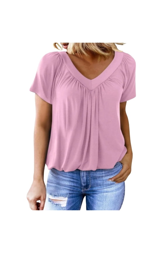 Women's Tops Short Sleeve V Neck Gathered Bust Blouses Casual Daily Style Soft Stretchy Fabric Relaxed Fit Shirts Gift