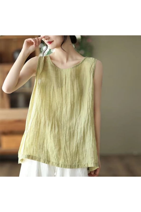 Women's Tops Sleeveless Crew Neck Crinkle Linen Blouses Bohemian Casual Style Lightweight Breathable Relaxed Fit Shirts Gift