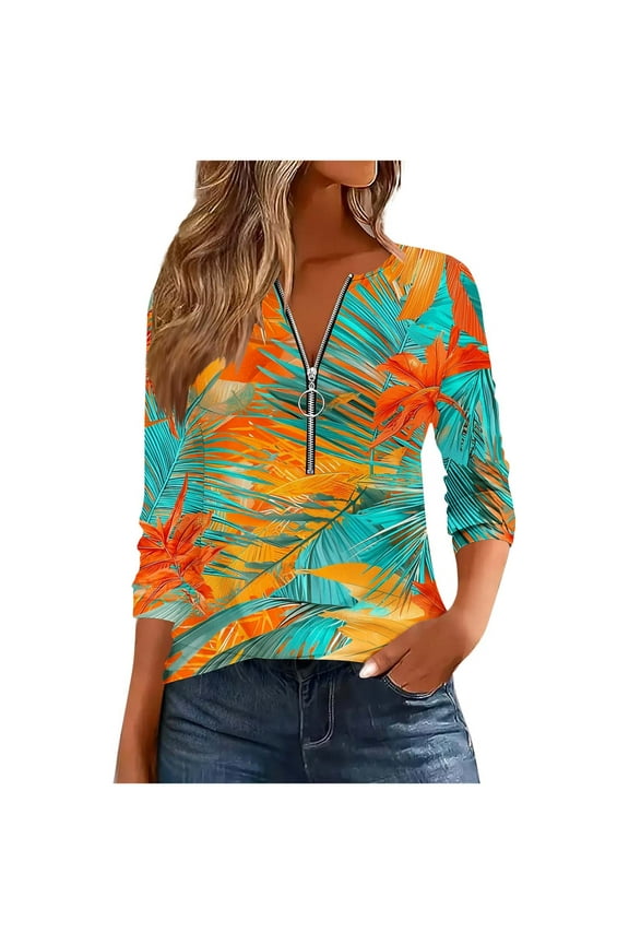 Women's Tropical Leaf Print Zip Neck Blouse Long Sleeve Casual Loose Fit Orange Green Summer Trendy Top Green Women Tops