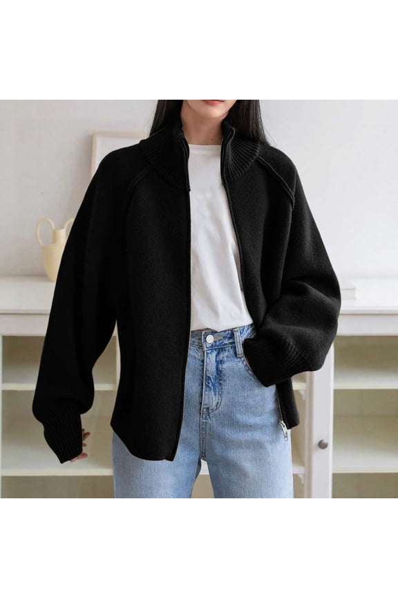 Women's Turtleneck Zip Up Sweater Oversized Loose Fit Long Sleeve Solid Color Fall Winter Warm Knit Pullover Outerwear Black Women Top