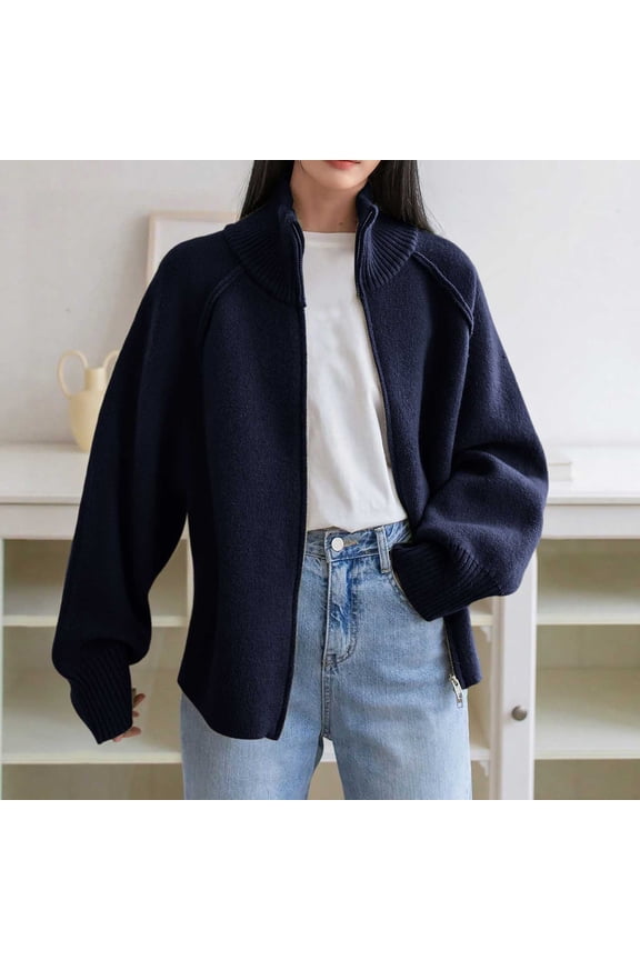 Women's Turtleneck Zip Up Sweater Oversized Loose Fit Long Sleeve Solid Color Fall Winter Warm Knit Pullover Outerwear Navy Women Top