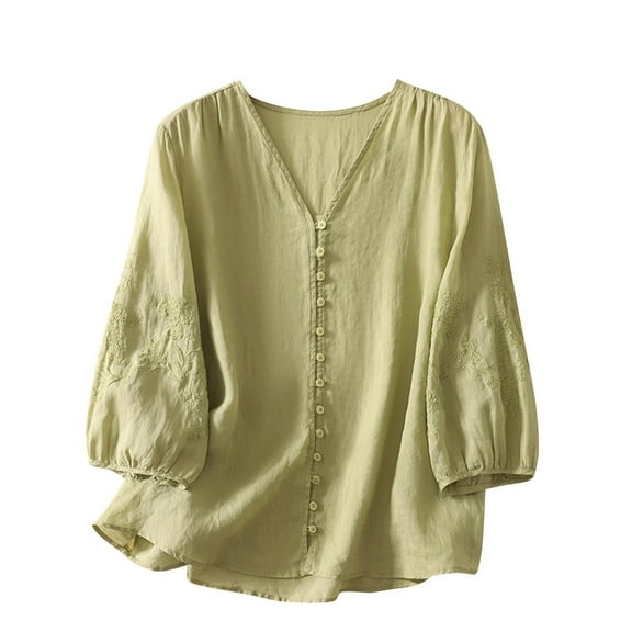 Uootdi Women's V Neck Button Down Embroidered Puff Sleeve Loose Fit Casual Summer Shirt Lightweight Breathable Daily Wear Boho Style Green Womens Tops