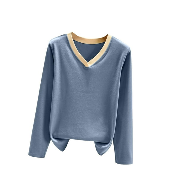 Uootdi Women's V Neck Color Block Top Long Sleeve Casual Pullover Trendy Basic Shirt Soft Stretchy Knitwear Fall Winter Fashion Essential Comfy Daily Wear for Layering Outfits