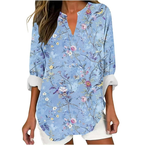 Uootdi Women's V - Neck Long Sleeve Shirt, Colorful Butterfly Floral Print,Artistic Fresh Blouse, Casual Daily Wear Top Multicolor Women Top