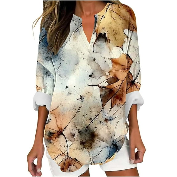 Uootdi Women's V - Neck Long Sleeve Shirt, Sunflower Print Pattern,Casual and Energetic Style Top, Daily Wear Blouse Multicolor Women Top