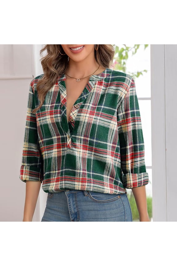 Women's V Neck Plaid Long Sleeve Shirts Flannel Button Down Blouses Lightweight Casual Loose Fit Fall Outfits