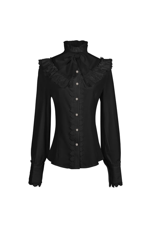 Women's Victorian Gothic Blouse High Neck Ruffle Lace Trim Button Up Long Sleeve Steampunk Retro Vintage Fall Evening Party Top Black Women Tops